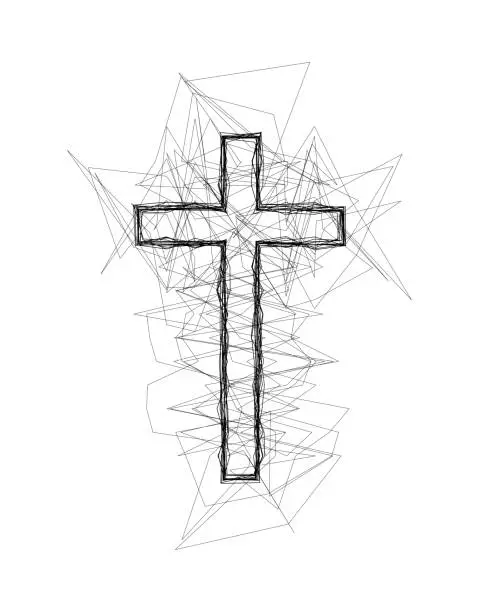 Vector illustration of Christian cross sign sketch out line black and white design