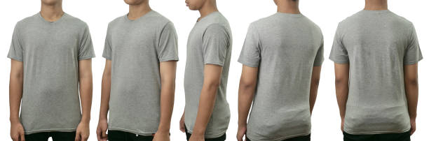 Blank shirt mock up template, front, side and back view, Asian teenage male model wearing plain heather grey t-shirt isolated on white. Tee design mockup presentation Blank shirt mock up template, front, side and back view, Asian teenage male model wearing plain heather grey t-shirt isolated on white. Tee design mockup presentation for print heather grey stock pictures, royalty-free photos & images