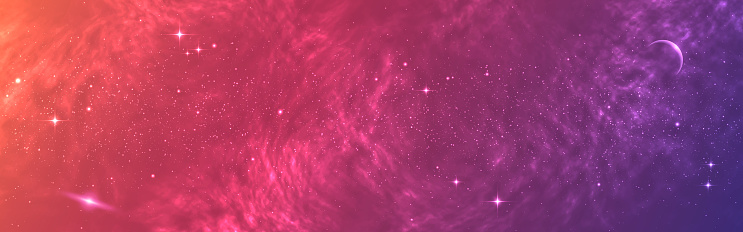 Cosmos wallpaper. Wide starry galaxy. Glowing milky way with stars. Beautiful universe with planets. Space texture with magic clouds. Bright nebula with cosmic dust. Vector illustration.
