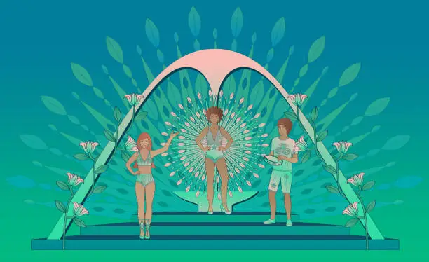 Vector illustration of Two Brazilians samba dancers and a tambourine player