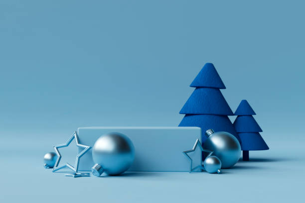Blue Christmas Background With Felt Christmas Trees And Ornaments