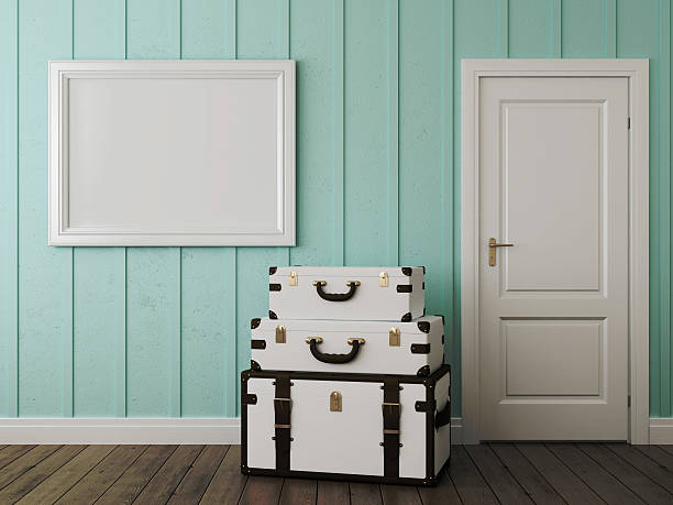 Three white bag on background of blue wall and white door