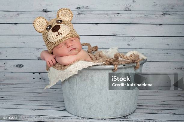 Newborn Baby Boy In A Teaddy Bear Costume Stock Photo - Download Image Now - 0-11 Months, Animal, Babies Only