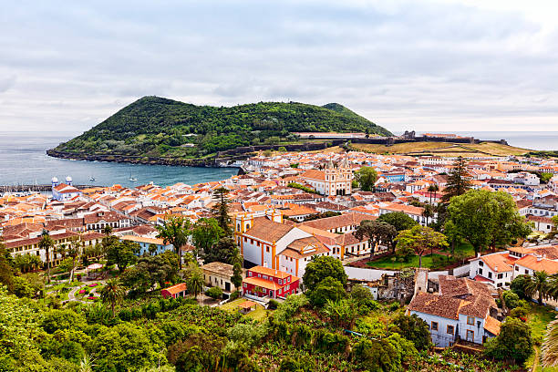 Angra do Heroismo, Terceira Island, Azores View of the city of Angra do Heroismo with Mount Brazil on Terceira Island azores islands stock pictures, royalty-free photos & images