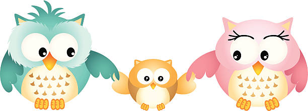 ilustraciones, imágenes clip art, dibujos animados e iconos de stock de feliz familia búho - owl young animal bird mother