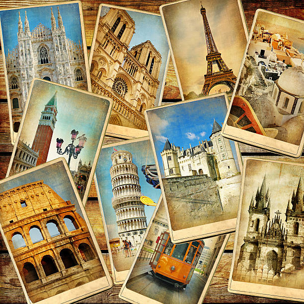 Travel in Europe background vintage collage - European travel rome italy photos stock pictures, royalty-free photos & images