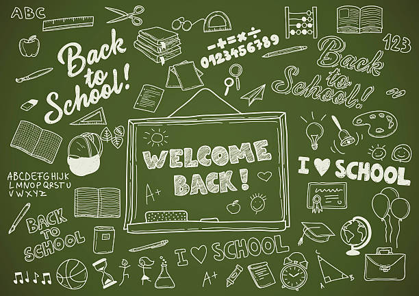 back to school-복고풍 손글씨 요소 아담의 키트 - classroom bell child elementary school stock illustrations