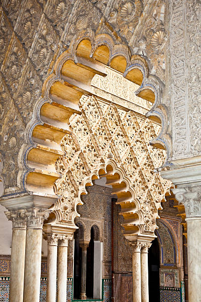 Mudejar decorations in the Royal Alcazars of Seville, Spain Mudejar decorations in the Patio de las Doncellas (Courtyard of the Maidens) from Peter the first Palace in the Royal Alcazars of Seville, Spain. alcazares reales of sevilla stock pictures, royalty-free photos & images