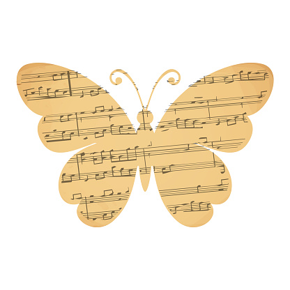 Butterfly silhouette papercut from parchment with music vintage decoration scrapbook element isolated on white background. Vector illustration