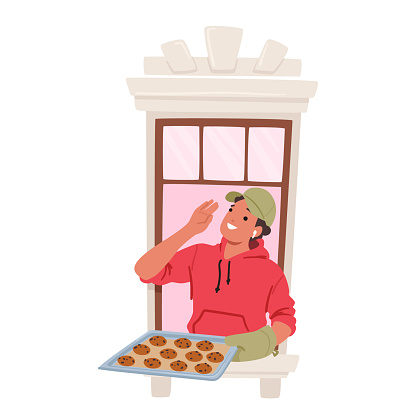 Man Character Stands Proudly By A Window, Holding A Tray Filled With Delicious, Freshly Baked Cookies, Their Aroma Wafting Through The Glass, Tempting Neighbors. Cartoon People Vector Illustration