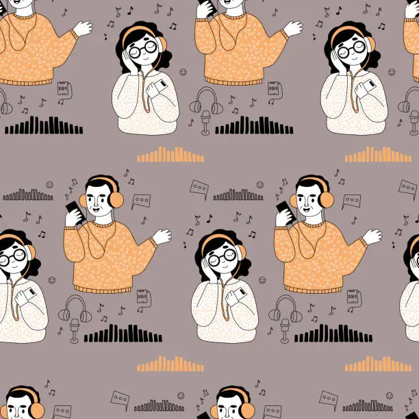Vector illustration of Music seamless pattern. Cute girl and man in headphones on gray background. Vector illustration.