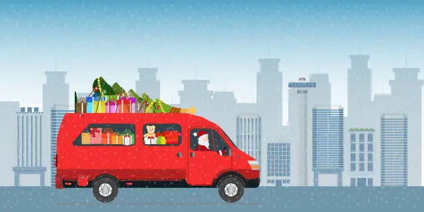 Vector illustration of Santa Claus driving a red courier van and delivering gifts in the city street.