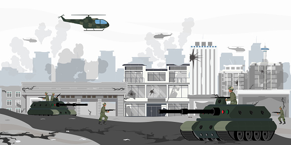 View of the combat zone of a soldier, helicopters, tanks, on the background of the destroyed city. Symbol of war, Vector illustration concept.