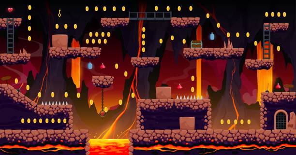 Arcade game volcano cave level map with platforms Arcade game volcano cave level map with stone platforms, lava, ladders and game items. Vector background with rocky islands , coins, assets and obstacles. Hell or underground world cartoon landscape remarkable hell stock illustrations