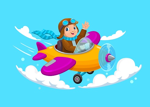 Cartoon kid flying on plane at cloudy sky. Child pilot on airplane. Vector smiling aviator engage on aircraft travel. Adventurous boy soaring through the cloudscape, filled with excitement and wonder