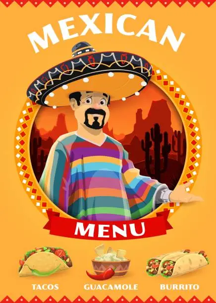 Vector illustration of Mexican character with national cuisine food menu
