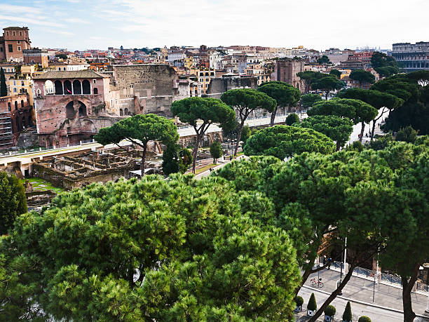 above view of Roman Forum ruins and road to Coliseum