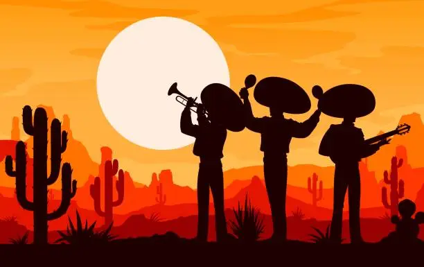 Vector illustration of Mexican mariachi musician and cowboy silhouettes