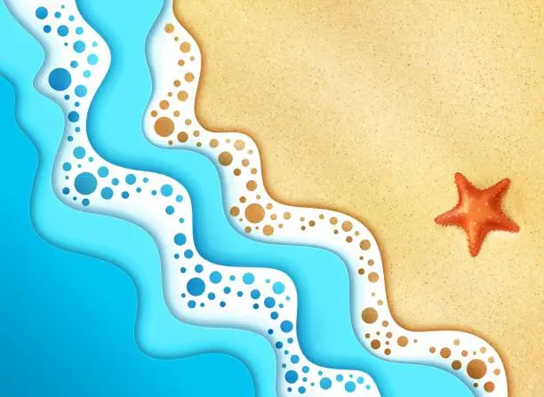 Vector illustration of Sea waves paper cut banner with sand and starfish