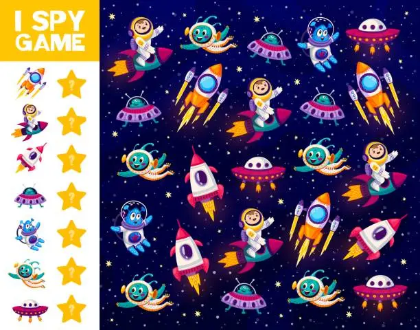 Vector illustration of I spy game with space characters in galaxy
