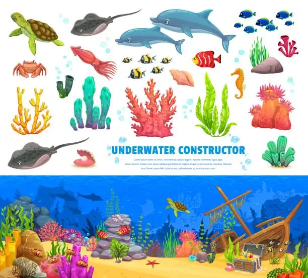 Vector illustration of Cartoon fishes and corals, underwater constructor