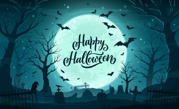 Halloween cemetery landscape with tombstones and flying bats for holiday, cartoon vector. Happy Halloween with midnight moon and flying bats with ravens and cemetery tombstones in haunted forest