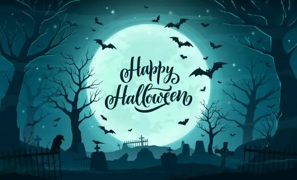Vector illustration of Halloween cemetery landscape, tombstones and bats