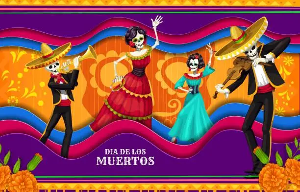 Vector illustration of Cartoon Day of the Dead Paper Cut Vector Banner