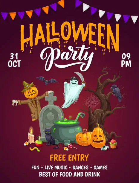 Vector illustration of Halloween characters, trick or treat party flyer