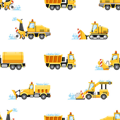 Seamless Pattern Featuring Snowplow Machines. Grader, Truck, Loader Vehicles Clearing A Wintry Landscape, Creating A Symphony Of Snow Removal, Winter-themed Design. Cartoon Vector Tile Background