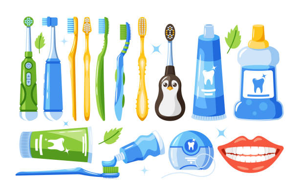 illustrazioni stock, clip art, cartoni animati e icone di tendenza di set di routine per l'igiene orale, include uno spazzolino da denti, un dentifricio, un filo interdentale e un collutorio per un sorriso fresco e sano ogni giorno - toothpaste glue blue white