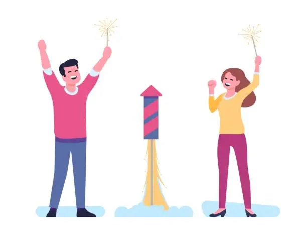 Vector illustration of Joyful man and woman celebrate holiday and set off fireworks. Couple with Bengal lights. People launch pyrotechnic firecracker. Birthday celebration. Anniversary event. Vector concept