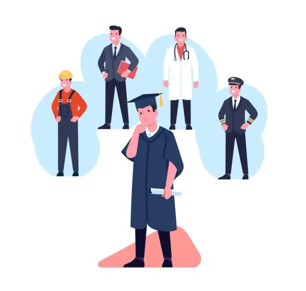 Vector illustration of Student in academic cap and gown chooses profession. School graduation. Graduate makes decision between doctor or businessman careers. Policeman or builder occupation. Vector concept