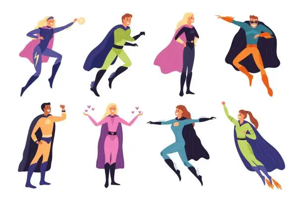 Vector illustration of Superhero people. Comic characters. Cartoon strong men and women with superpowers. Different heroic poses. Special costumes with fluttering cloaks. Brave defenders. Garish vector set