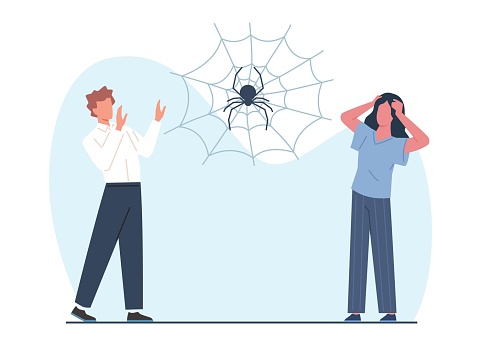 Concept of arachnophobia, man and woman scared of spider. Insect on spiderweb. Male and female person in panic. Phobia psychology. Irrational fears, anxiety disorder cartoon flat vector illustration