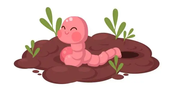 Vector illustration of Little worm crawled out of hole in ground. Cute earthworm with growth plant, funny mascot, soil crawler. Farming and agriculture. Rainworm illustration. Cartoon flat isolated vector concept