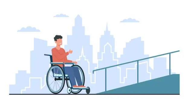 Vector illustration of Man in wheelchair rejoices at presence of ramp. Comfortable urban environment for disability people. Accessibility and inclusivity. Access building cartoon flat isolated vector concept