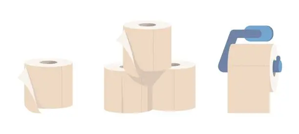 Vector illustration of Toilet paper. Hygiene toiletry product. Sanitary wipe napkins for bathroom. Rolled around a cardboard cylinder. Household item for restrooms cartoon flat isolated illustration. Vector concept