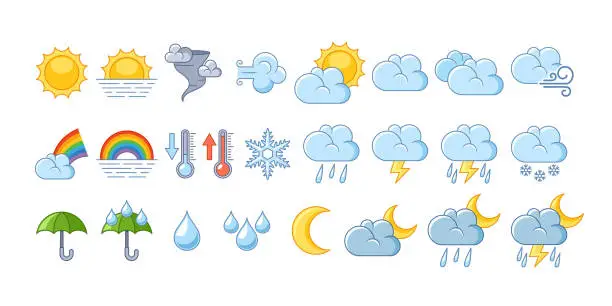 Vector illustration of Weather Forecast Elements Set. Temperature, Precipitation, Wind Speed, Humidity, And Atmospheric Pressure Icons