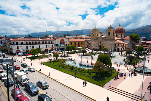La Catedral Basílica de Huancayo o de la Santísima Trinidad es la plaza principal de la iglesia Jardín con Flores, Perú photo