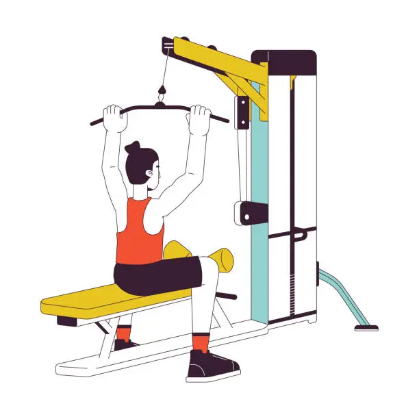 Vector illustration of Man holding bar on lat pulldown machine flat line color vector character