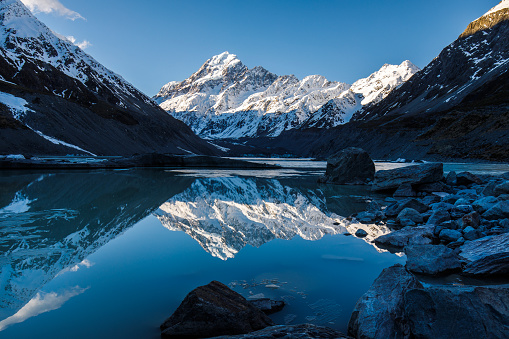 Reflection on still lake of Mt Cook at dusk. Photographed in New Zealand.