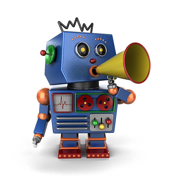 игрушка робот с bullhorn - announcement message robot public speaker message стоковые фото и изображения