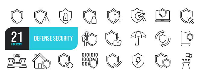 Set of line icons related to defense, security, secure, shield. Outline icons collection. Editable stroke. Vector illustration.