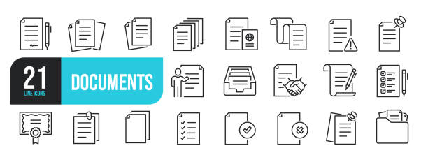 Set of line icons related to documents, contract, passport, resume, archive. Outline icons collection. Editable stroke. Vector illustration.