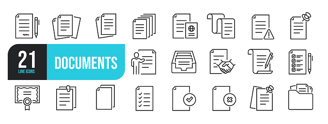 Set of line icons related to documents, contract, passport, resume, archive. Outline icons collection. Editable stroke. Vector illustration.