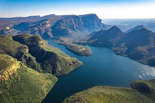 Aerial views of Blyde River Canyon and the three Rondavels in Graskop, Mpumalanga, South Africa, Africa