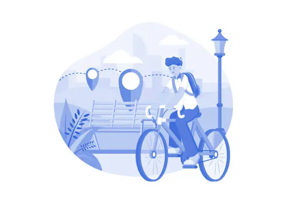 Vector illustration of Student With A Backpack Riding In A Park