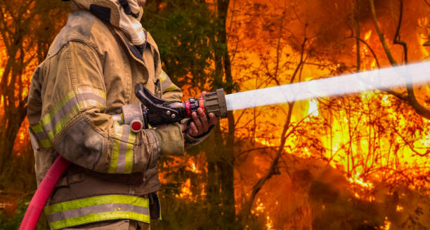 Firefighter spray water to bushfire. Tropical wildfires release carbon dioxide (CO2) emissions that contribute to climate change and global warming. stock photo