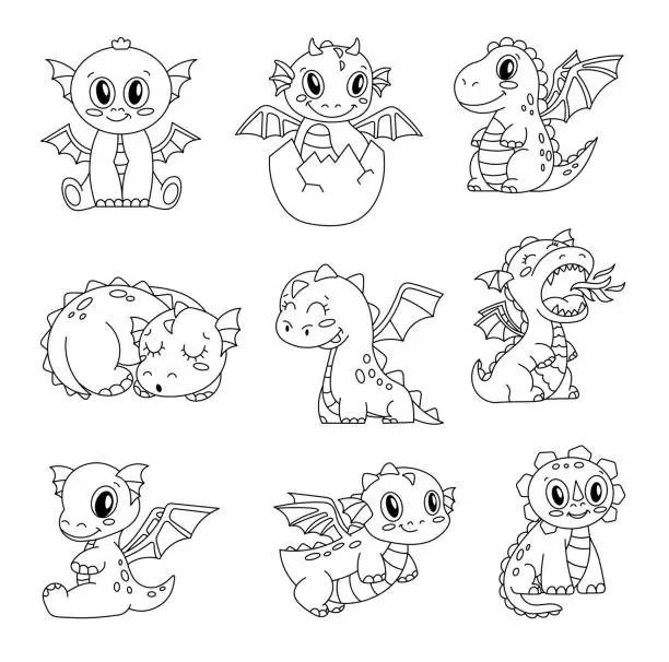 Vector illustration of Happy funny dragon. Coloring Page. Cute character. Fairytale monsters. Hand drawn style. Vector drawing. Collection of design elements.